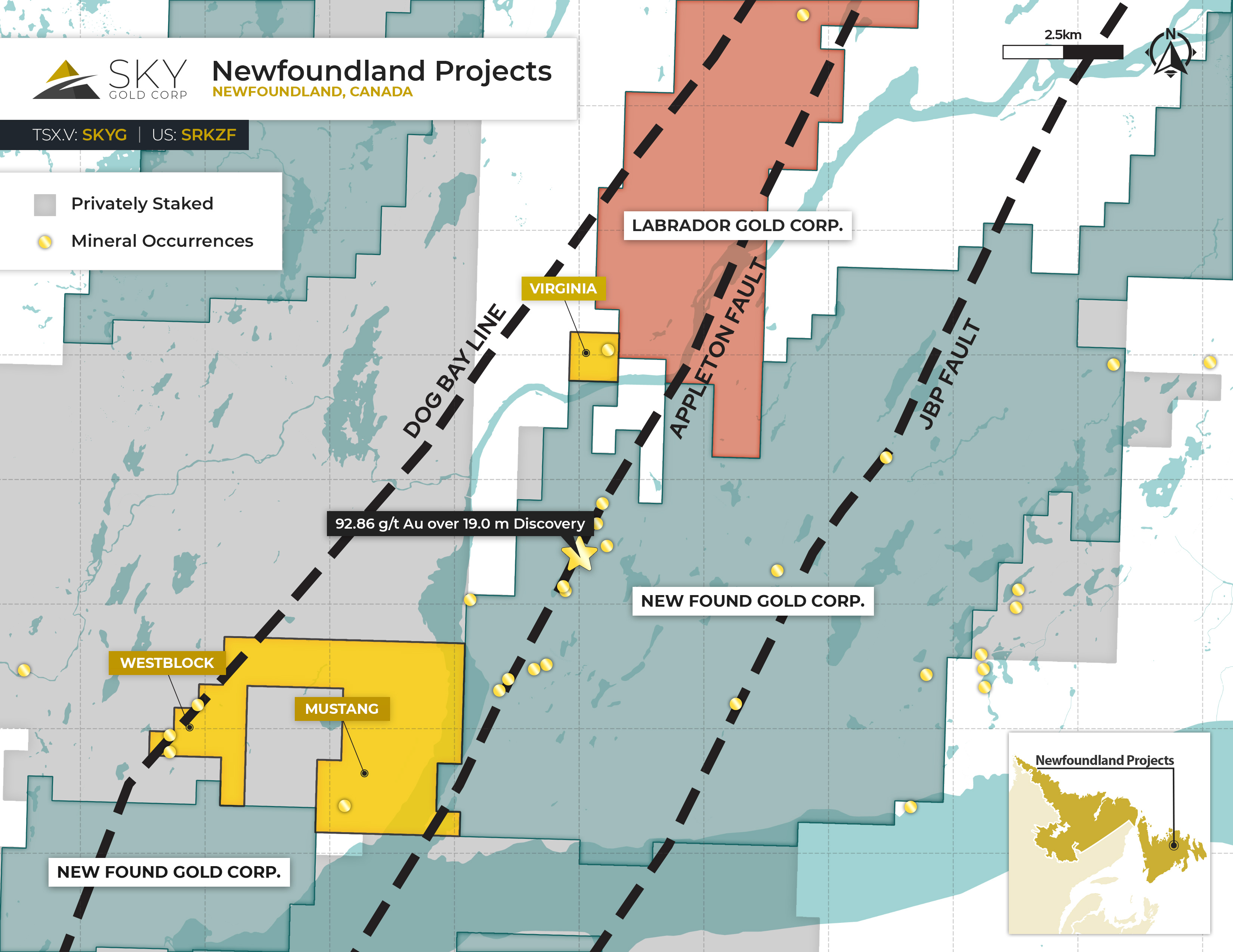 Location map of Sky Gold Corp.â€™s Newfoundland Projects